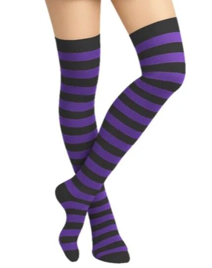 Thigh High Stockings - Black & Purple Stripe