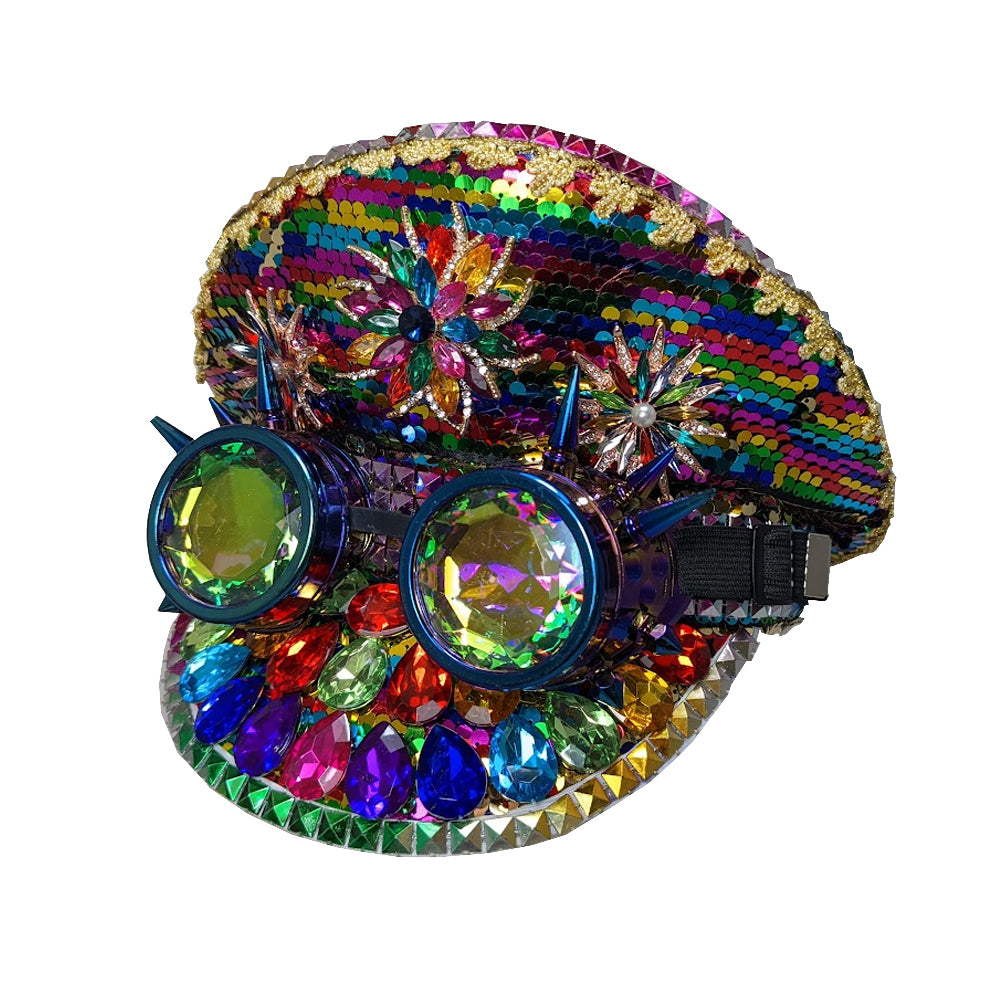 Rainbow Festival Cap with Crystals & Goggles