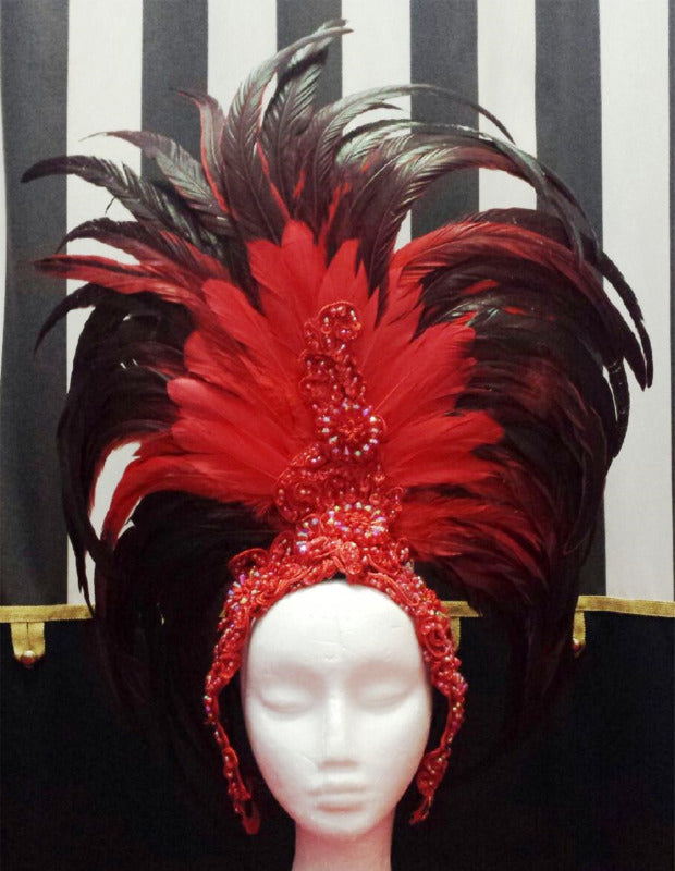Showgirl Feathered Headpiece - Red & Black HIre Costume*