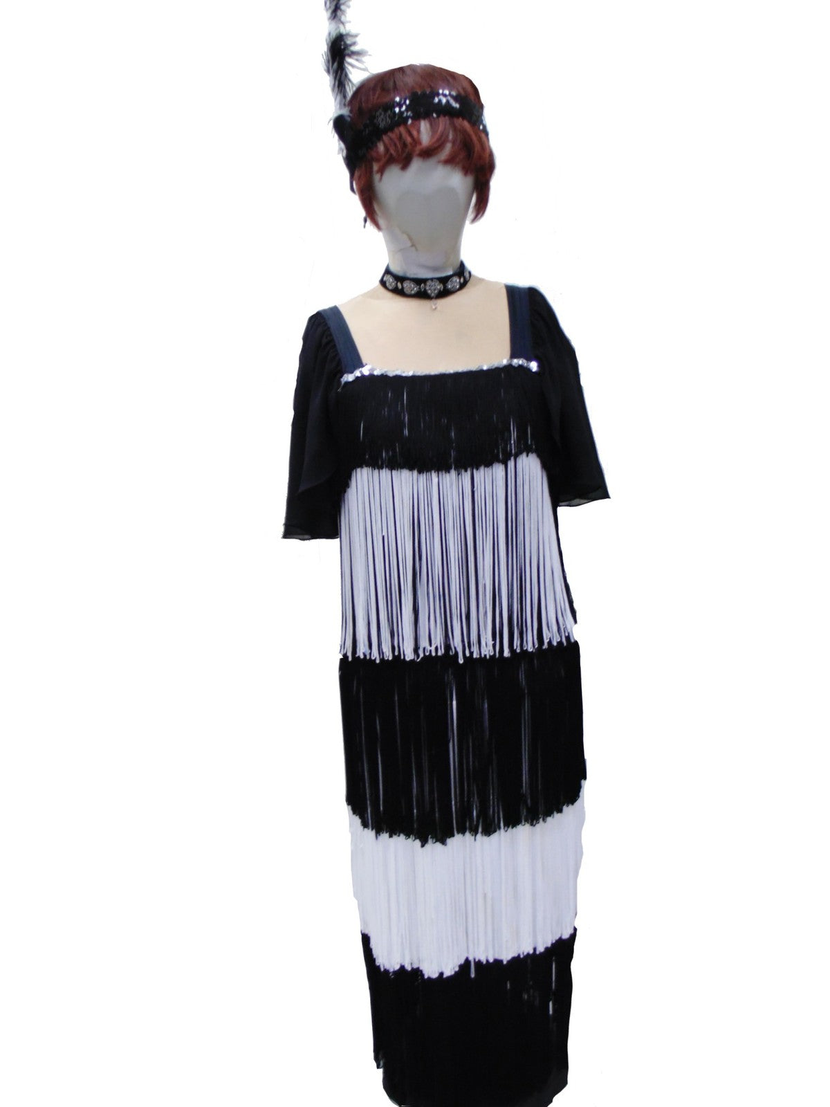 Evening Dress - Long Black & White Fringed Hire Costume*