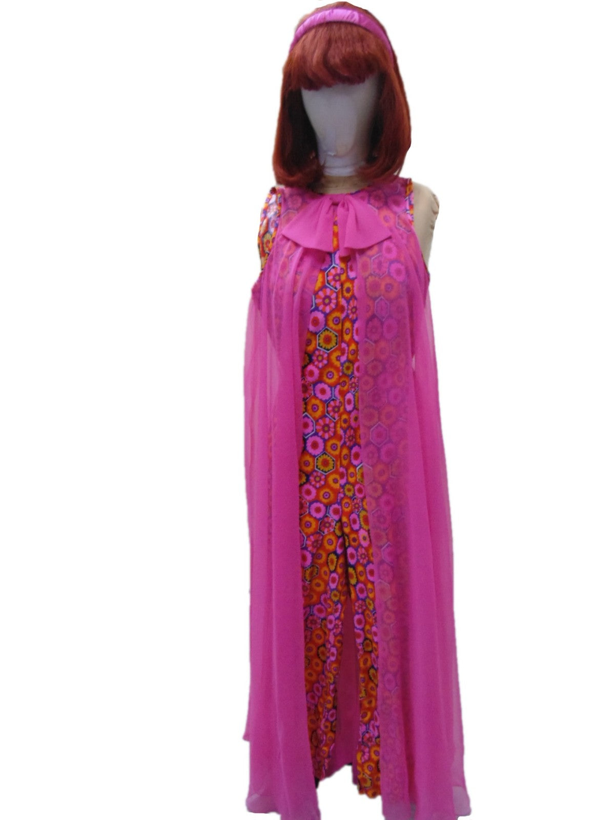 Jumpsuit - Pink & Orange Floral with Pink Floaty Coat Hire Costume*