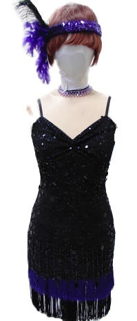 Flapper Dress - Black Sequin & Purple-Fringe Hire Costume*