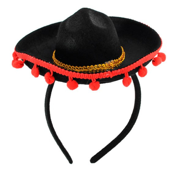 Mini Sombrero Headband with Red Pom Poms
