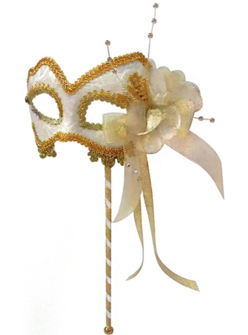 White Gold Masquerade Eye Mask on Stick
