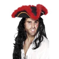 Pirate Tricorn Hat - Black & Red Feathered