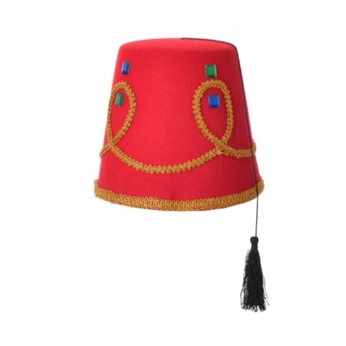 Arabian Fez Hat - Red with Braid & Jewel Trim