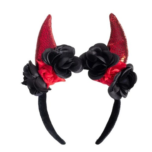 Glitter Devil Horn Headband with Black Roses