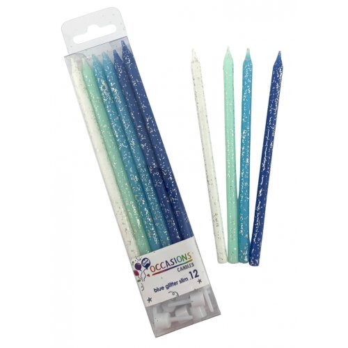 Mixed Blue Glitter Taper Candles - 12 Pk