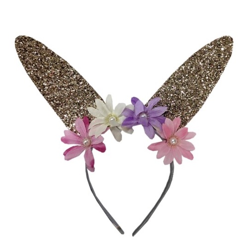 Glitter Easter Bunny Ears with Flowers [Colour: Gold]