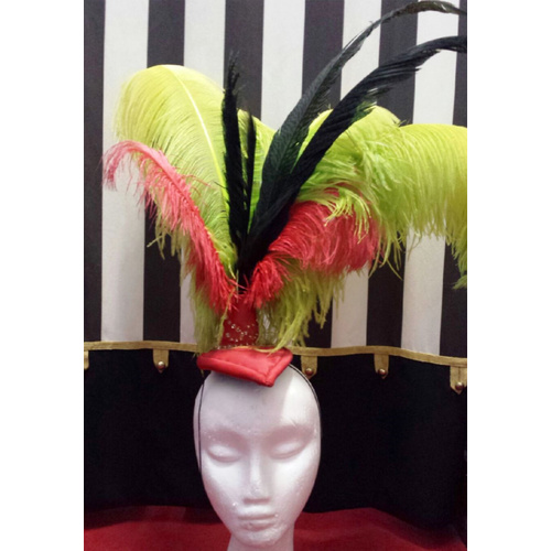 Showgirl Feathered Headpiece - Red Yellow & Black Hire Costume*
