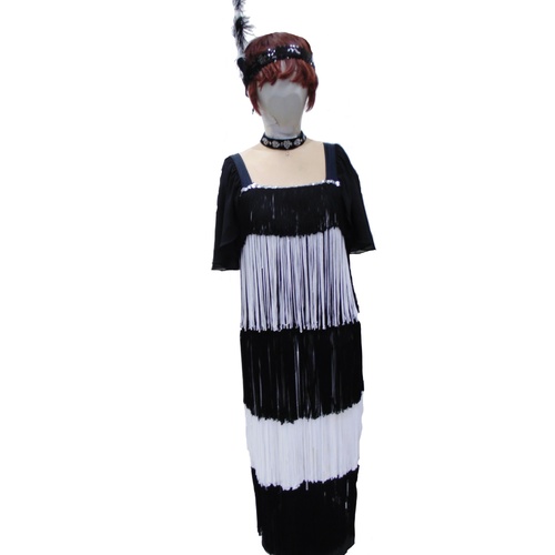 Evening Dress - Long Black & White Fringed Hire Costume*