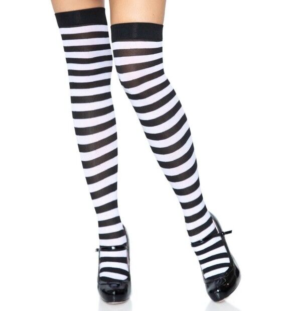 Thigh High Stockings - Black & White Stripe