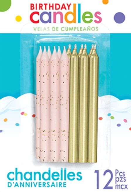 Mixed Pink Glitter & Metallic Gold Candles - 12 Pk