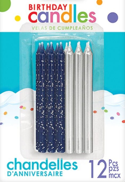 Mixed Blue Glitter & Metallic Silver Candles - 12 Pk