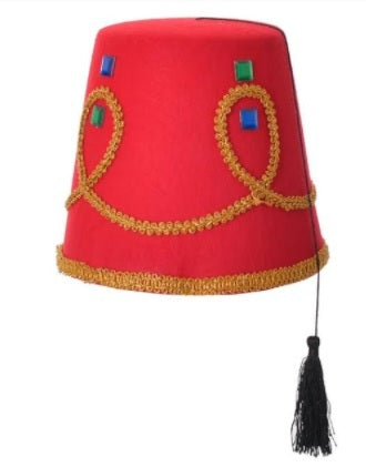 Arabian Fez Hat - Red with Braid & Jewel Trim