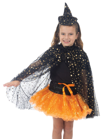 WITCH BLACK & GOLD STAR CAPE - CHILD, view 4