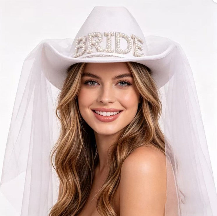 Bride White Cowgirl Hat & Veil