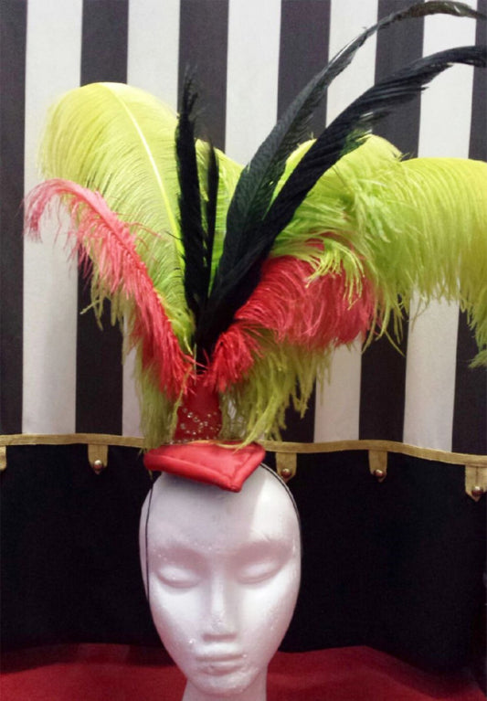 Showgirl Feathered Headpiece - Red Yellow & Black Hire Costume*