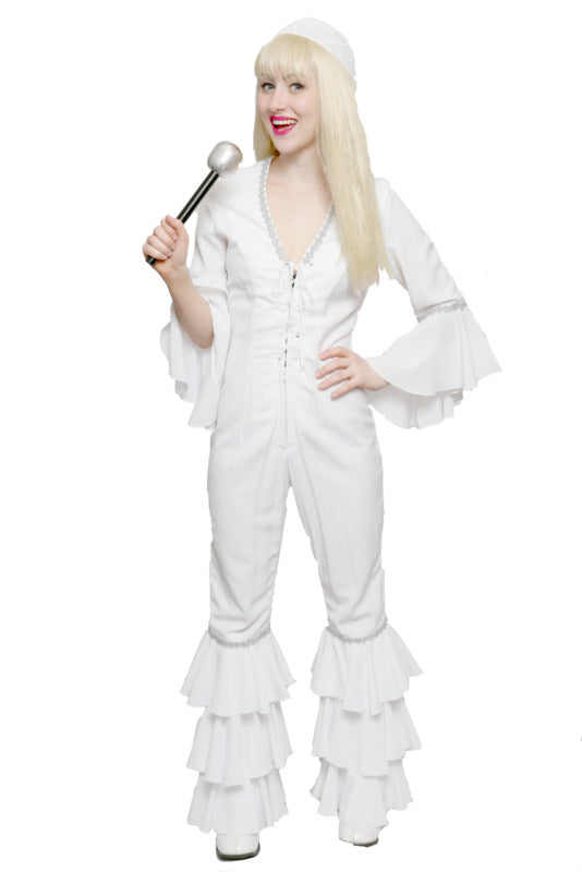 Abba 1970s Disco White Frill Jumpsuit 1 Hire Costume*