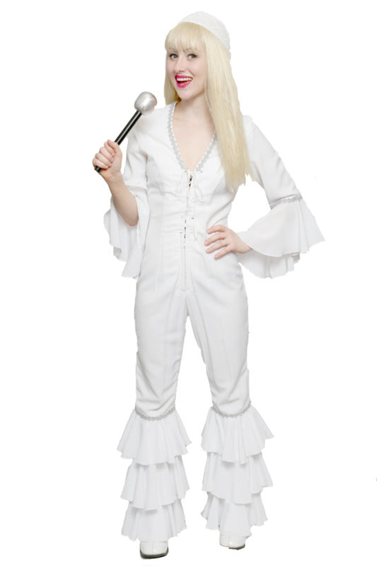 Abba 1970s Disco White Frill Jumpsuit 1 Hire Costume*