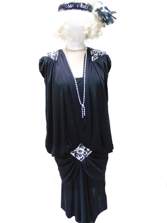 Evening Gown - Draped Black with Sequin Motifs Hire Costume*