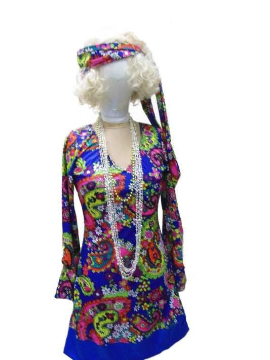 Go-Go Sleeveless Mini - Blue Floral Psychedelic Hire Costume*