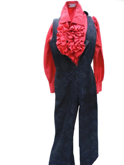 Abba 1970s Disco Jumpsuit - Black with Red Ruffle Shirt Hire Costume*