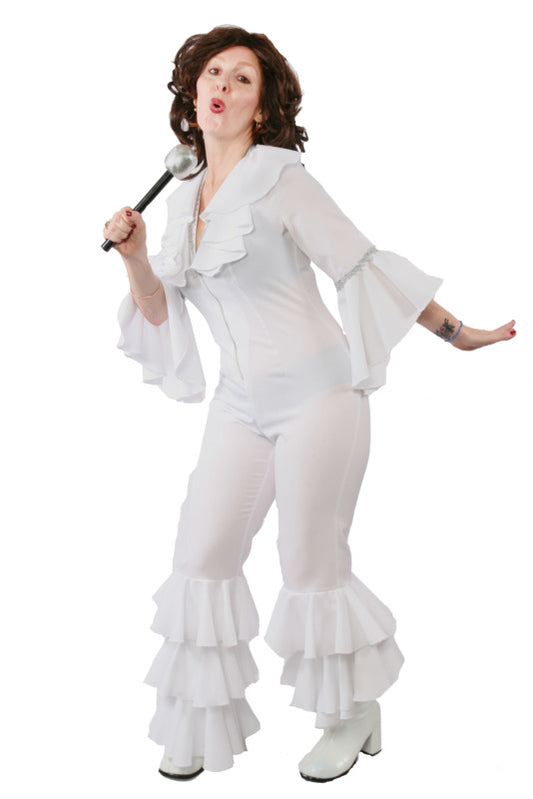 Abba 1970s Disco White Frill Jumpsuit 2 Hire Costume*