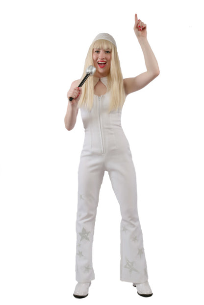 Abba 1970s Disco White Keyhole Jumpsuit Hire Costume*