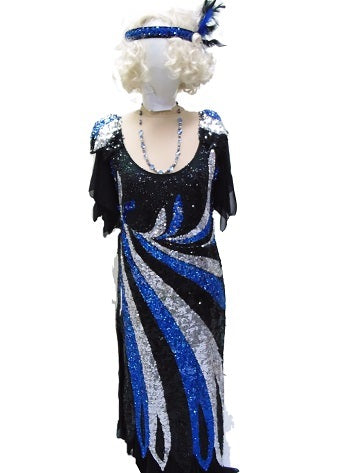 Evening Gown - Silver, Blue & Black Sequin Hire Costume*