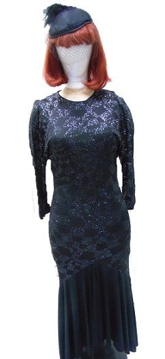 Evening Gown - 1940s Black Shimmer Hire Costume*