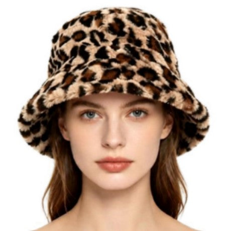 Leopard Print Faux Fur Bucket Hat