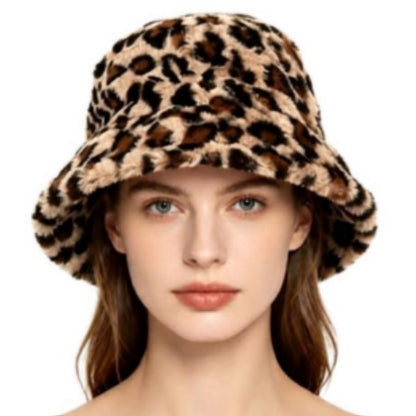 Leopard Print Faux Fur Bucket Hat