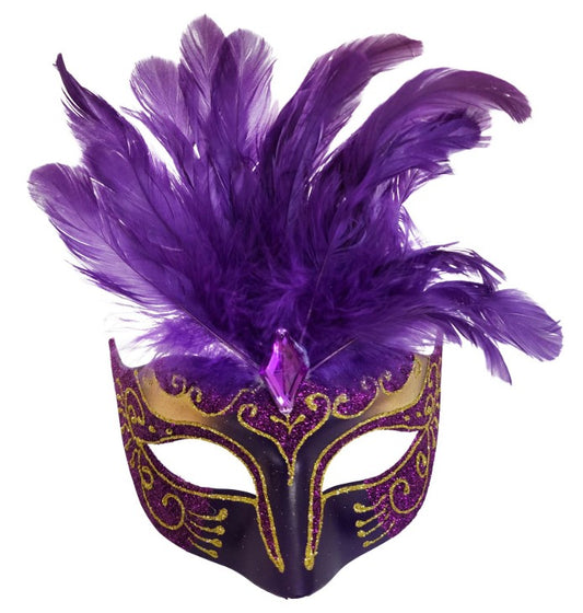 Purple & Gold Feathered Masquerade Eye Mask